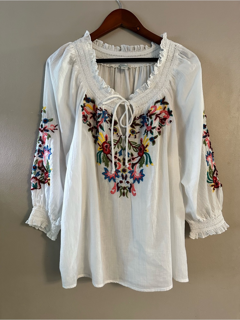 Sundance White Embroidered Peasant Blouse with Multicolor Floral Detail - Picture 9 of 10